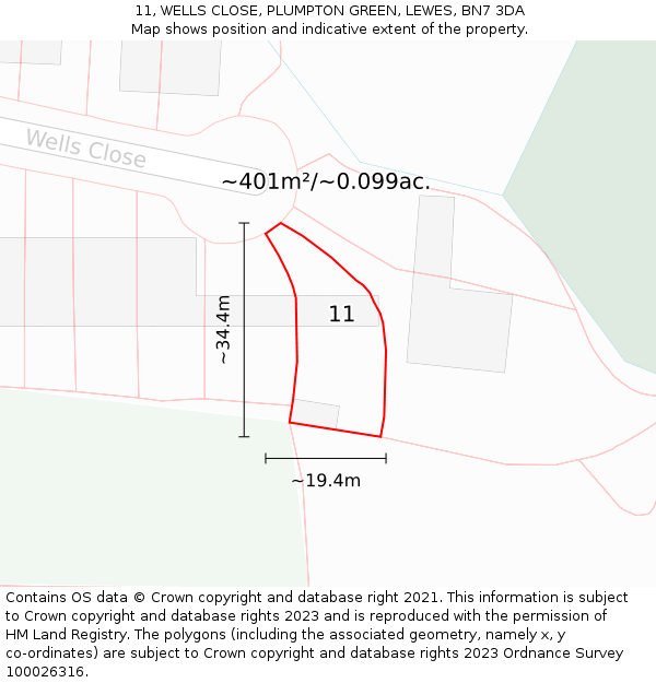 11, WELLS CLOSE, PLUMPTON GREEN, LEWES, BN7 3DA: Plot and title map