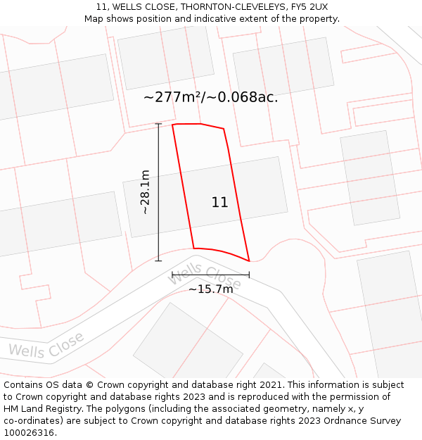 11, WELLS CLOSE, THORNTON-CLEVELEYS, FY5 2UX: Plot and title map