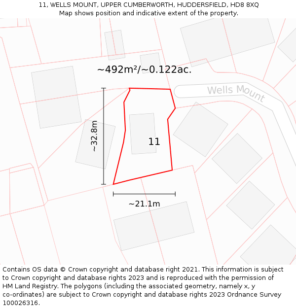 11, WELLS MOUNT, UPPER CUMBERWORTH, HUDDERSFIELD, HD8 8XQ: Plot and title map