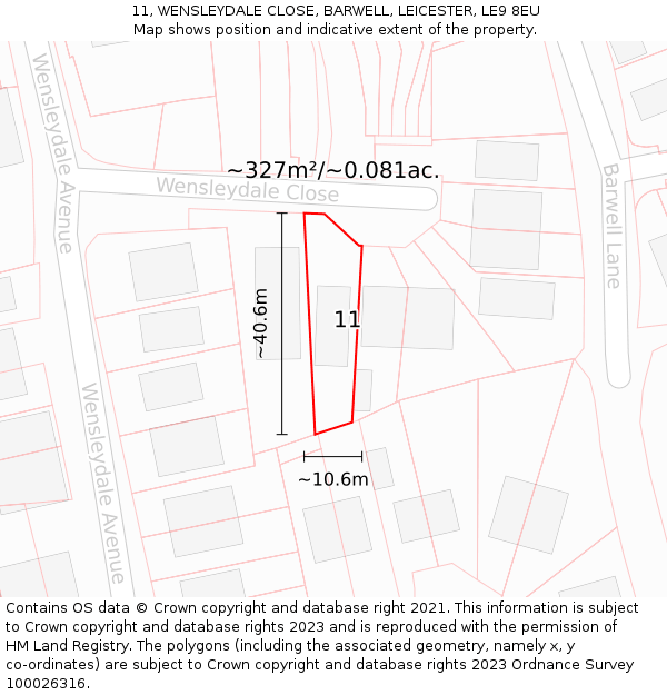11, WENSLEYDALE CLOSE, BARWELL, LEICESTER, LE9 8EU: Plot and title map