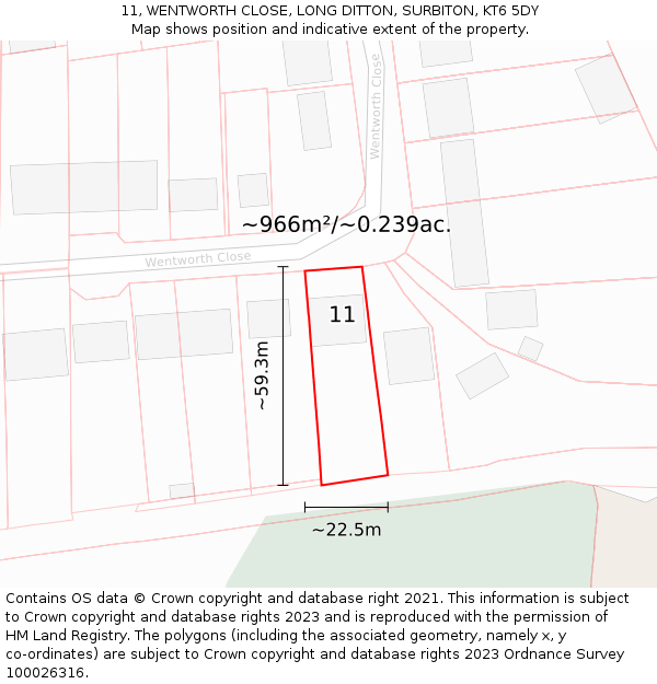 11, WENTWORTH CLOSE, LONG DITTON, SURBITON, KT6 5DY: Plot and title map