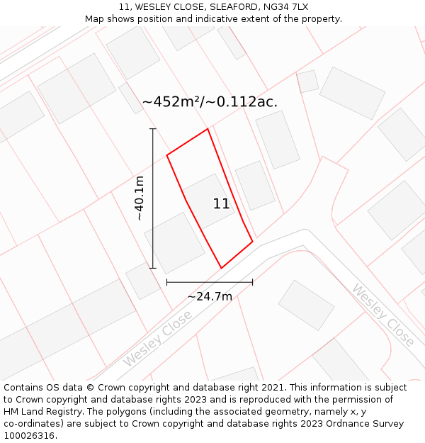 11, WESLEY CLOSE, SLEAFORD, NG34 7LX: Plot and title map