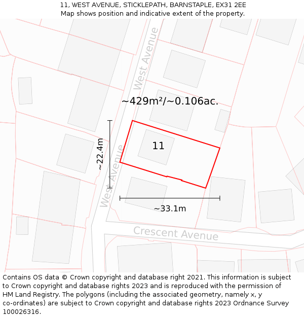 11, WEST AVENUE, STICKLEPATH, BARNSTAPLE, EX31 2EE: Plot and title map