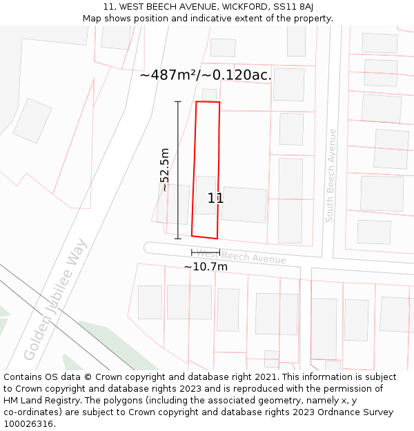 11, WEST BEECH AVENUE, WICKFORD, SS11 8AJ: Plot and title map