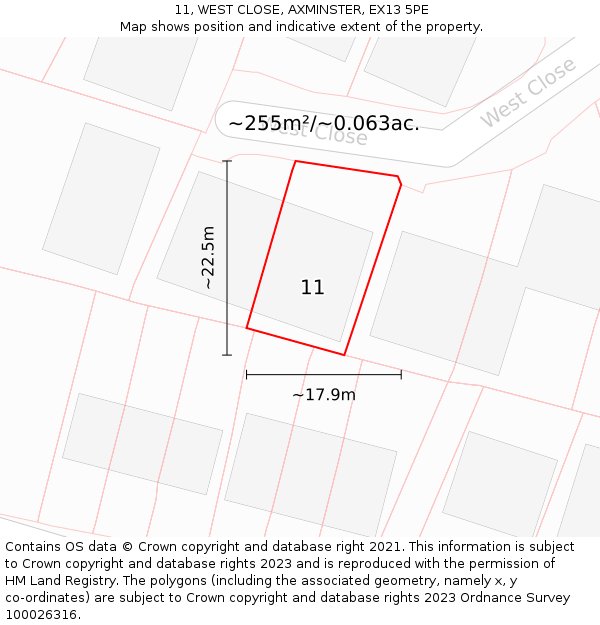 11, WEST CLOSE, AXMINSTER, EX13 5PE: Plot and title map