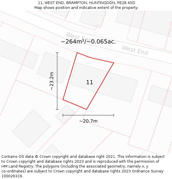 11, WEST END, BRAMPTON, HUNTINGDON, PE28 4SD: Plot and title map
