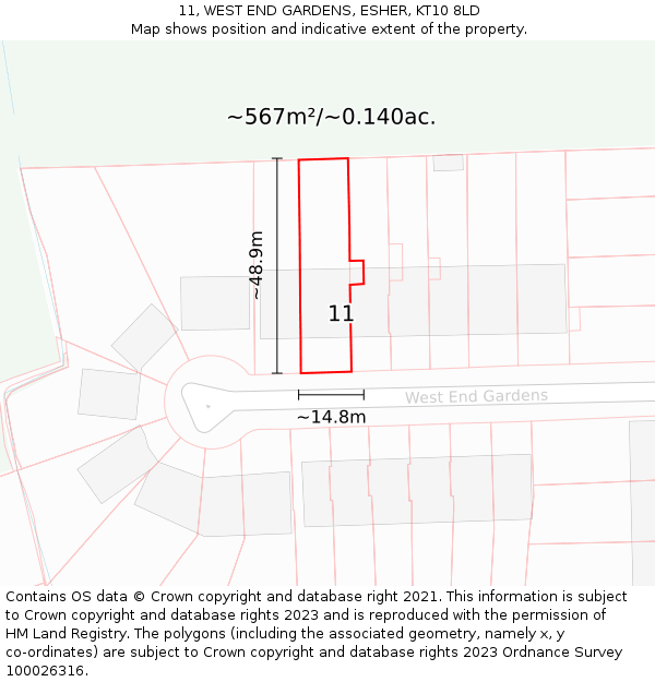 11, WEST END GARDENS, ESHER, KT10 8LD: Plot and title map