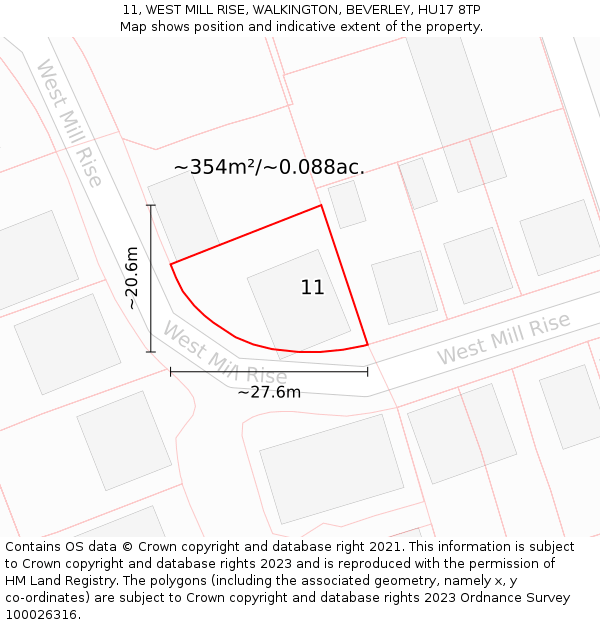 11, WEST MILL RISE, WALKINGTON, BEVERLEY, HU17 8TP: Plot and title map