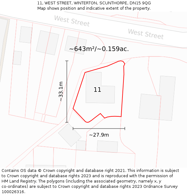 11, WEST STREET, WINTERTON, SCUNTHORPE, DN15 9QG: Plot and title map