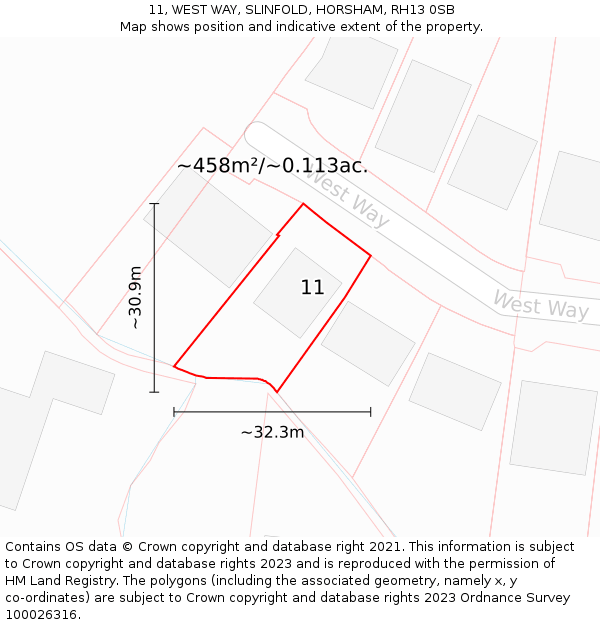 11, WEST WAY, SLINFOLD, HORSHAM, RH13 0SB: Plot and title map