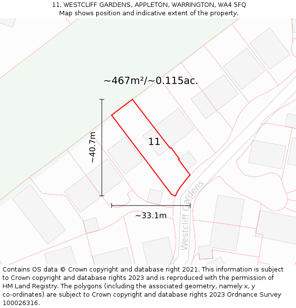 11, WESTCLIFF GARDENS, APPLETON, WARRINGTON, WA4 5FQ: Plot and title map