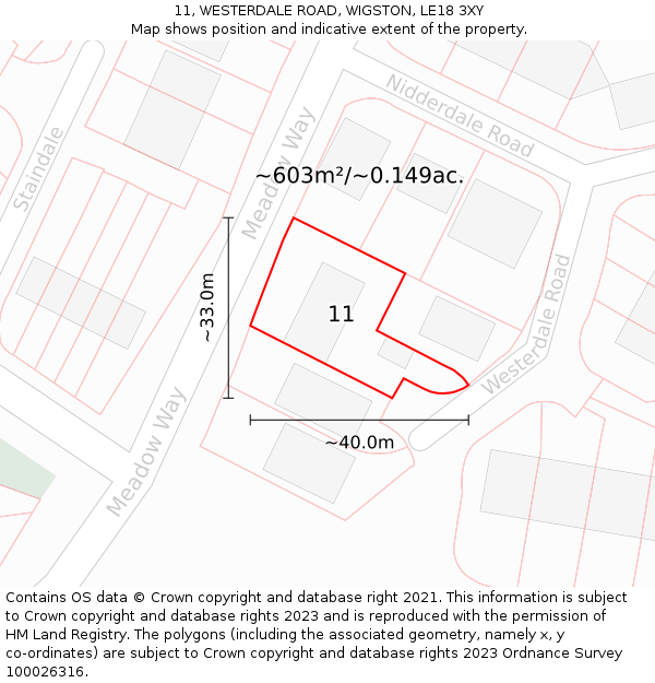 11, WESTERDALE ROAD, WIGSTON, LE18 3XY: Plot and title map