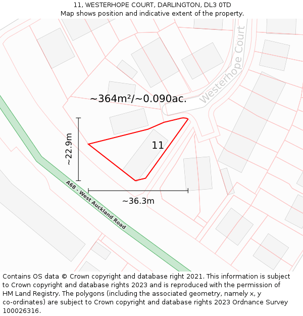 11, WESTERHOPE COURT, DARLINGTON, DL3 0TD: Plot and title map
