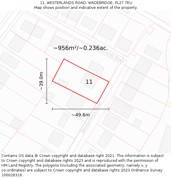11, WESTERLANDS ROAD, WADEBRIDGE, PL27 7EU: Plot and title map