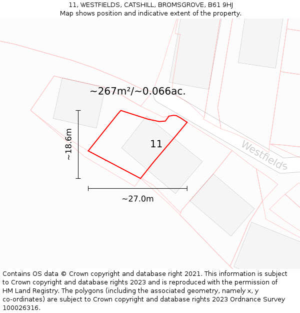 11, WESTFIELDS, CATSHILL, BROMSGROVE, B61 9HJ: Plot and title map