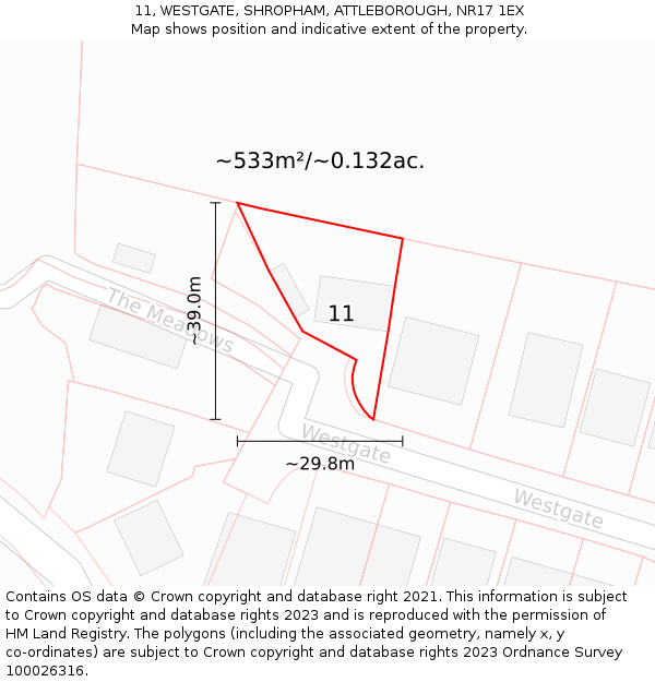 11, WESTGATE, SHROPHAM, ATTLEBOROUGH, NR17 1EX: Plot and title map