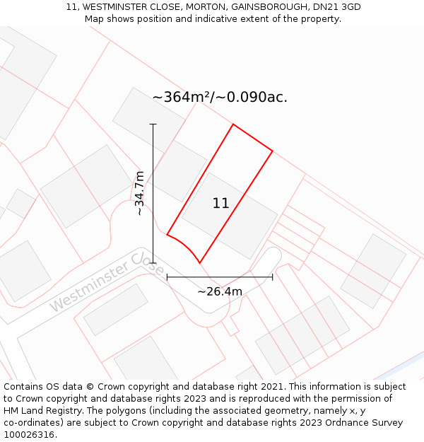11, WESTMINSTER CLOSE, MORTON, GAINSBOROUGH, DN21 3GD: Plot and title map