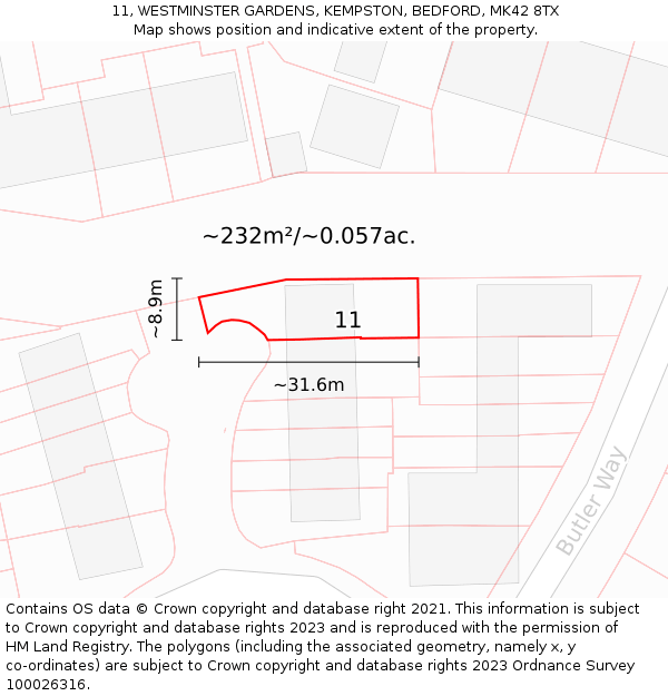 11, WESTMINSTER GARDENS, KEMPSTON, BEDFORD, MK42 8TX: Plot and title map