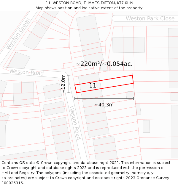 11, WESTON ROAD, THAMES DITTON, KT7 0HN: Plot and title map