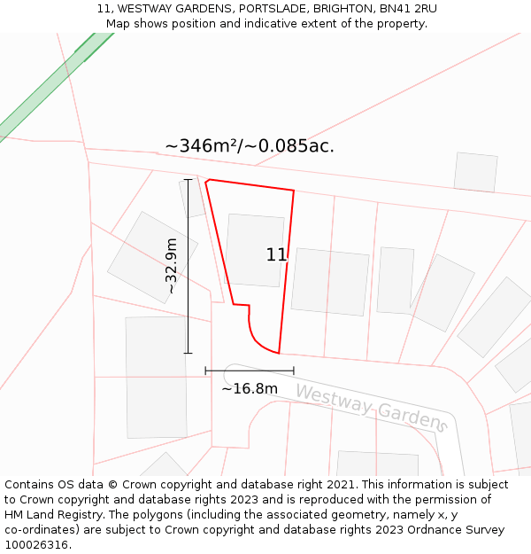 11, WESTWAY GARDENS, PORTSLADE, BRIGHTON, BN41 2RU: Plot and title map