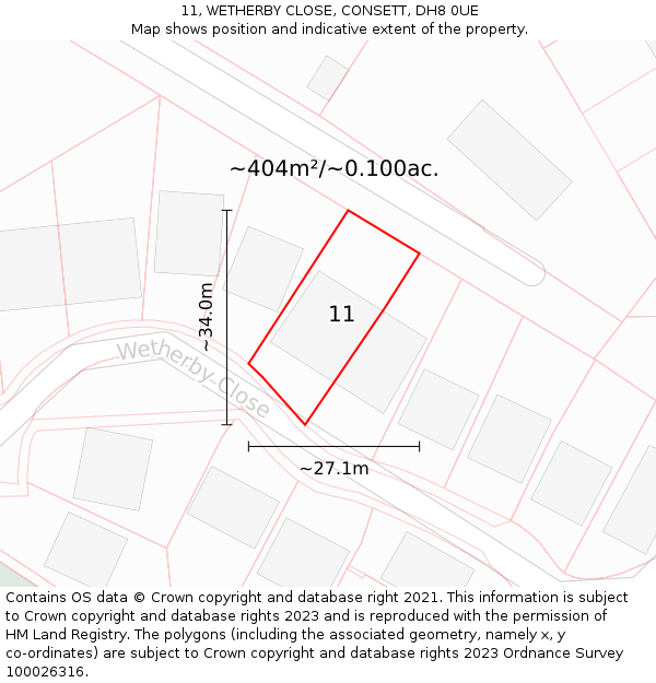 11, WETHERBY CLOSE, CONSETT, DH8 0UE: Plot and title map