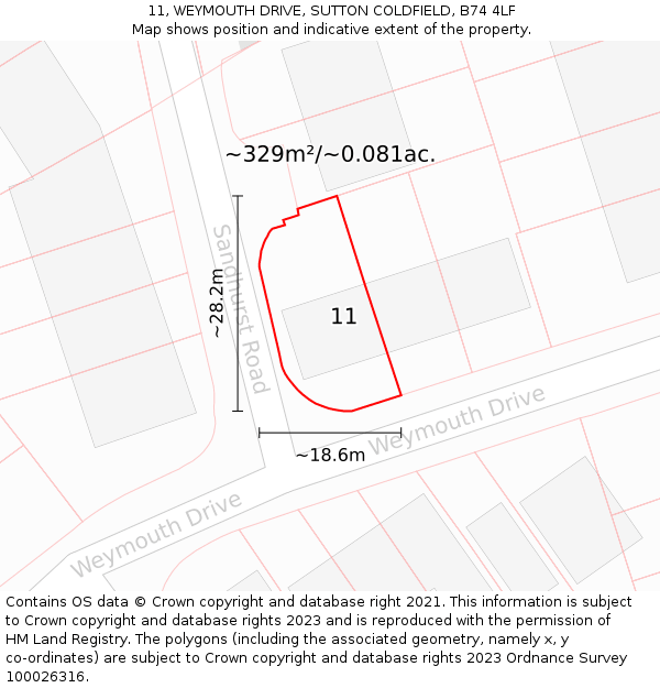 11, WEYMOUTH DRIVE, SUTTON COLDFIELD, B74 4LF: Plot and title map