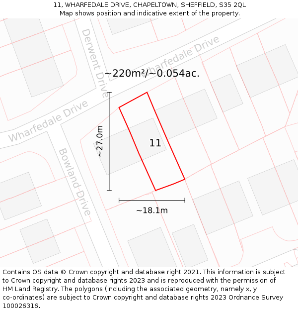11, WHARFEDALE DRIVE, CHAPELTOWN, SHEFFIELD, S35 2QL: Plot and title map