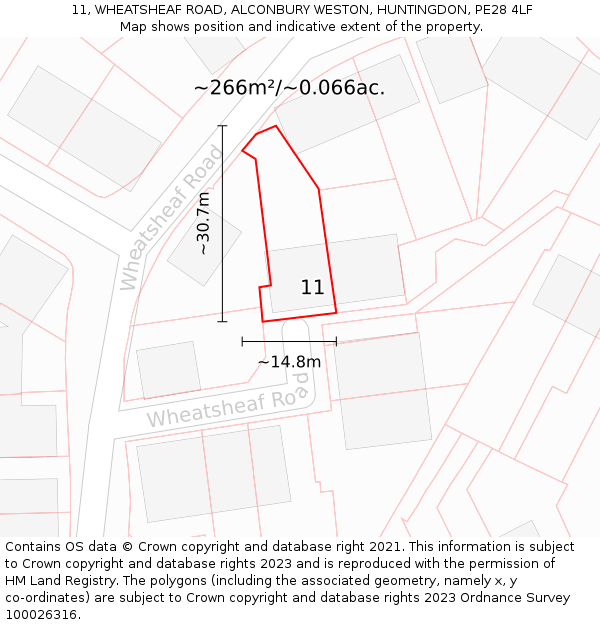 11, WHEATSHEAF ROAD, ALCONBURY WESTON, HUNTINGDON, PE28 4LF: Plot and title map