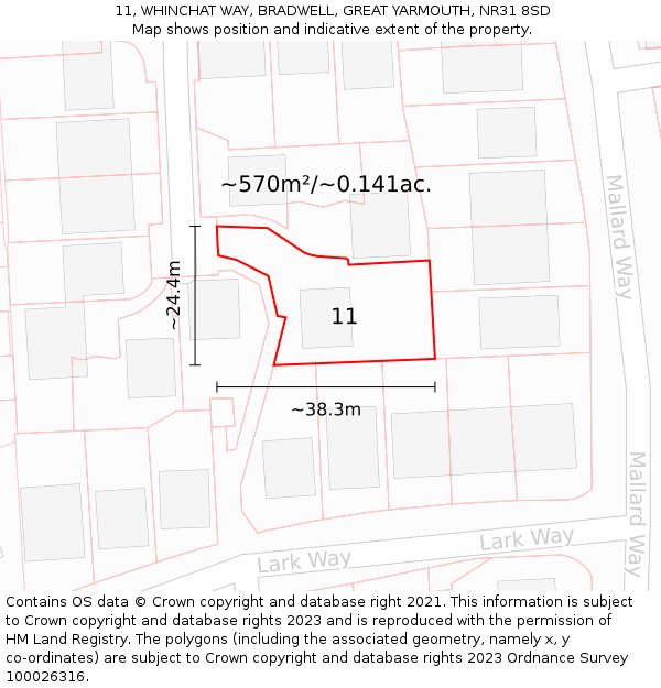 11, WHINCHAT WAY, BRADWELL, GREAT YARMOUTH, NR31 8SD: Plot and title map