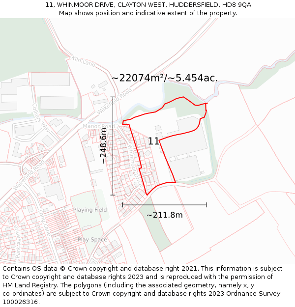 11, WHINMOOR DRIVE, CLAYTON WEST, HUDDERSFIELD, HD8 9QA: Plot and title map