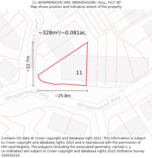 11, WHISPERWOOD WAY, BRANSHOLME, HULL, HU7 4JT: Plot and title map