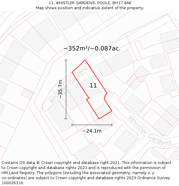 11, WHISTLER GARDENS, POOLE, BH17 8AE: Plot and title map