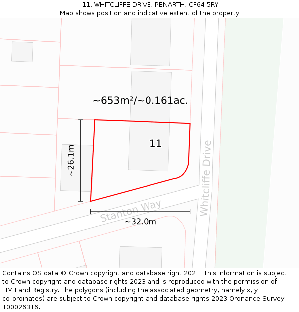 11, WHITCLIFFE DRIVE, PENARTH, CF64 5RY: Plot and title map