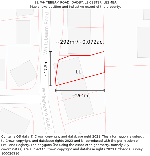 11, WHITEBEAM ROAD, OADBY, LEICESTER, LE2 4EA: Plot and title map