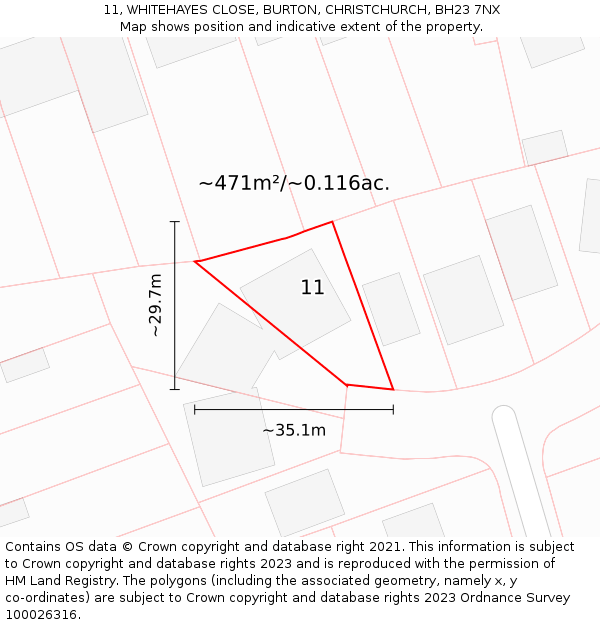 11, WHITEHAYES CLOSE, BURTON, CHRISTCHURCH, BH23 7NX: Plot and title map