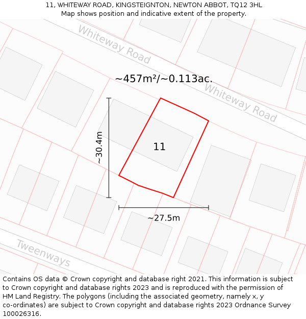 11, WHITEWAY ROAD, KINGSTEIGNTON, NEWTON ABBOT, TQ12 3HL: Plot and title map