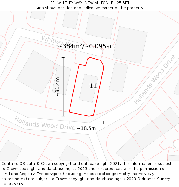 11, WHITLEY WAY, NEW MILTON, BH25 5ET: Plot and title map