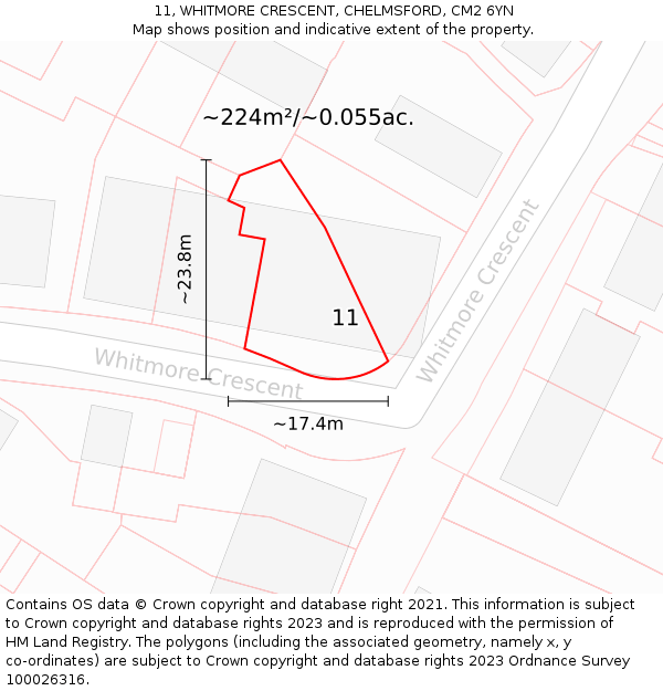 11, WHITMORE CRESCENT, CHELMSFORD, CM2 6YN: Plot and title map