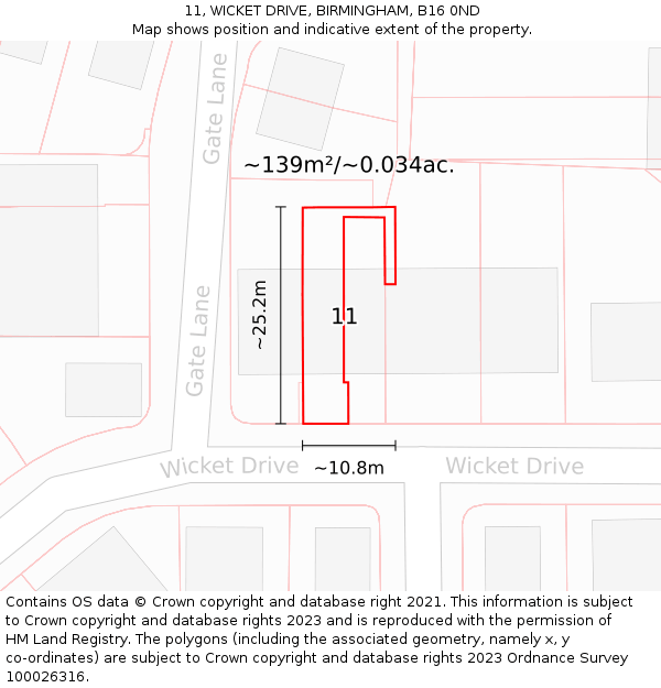 11, WICKET DRIVE, BIRMINGHAM, B16 0ND: Plot and title map