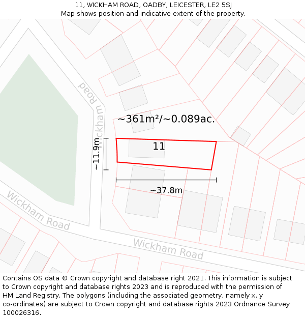 11, WICKHAM ROAD, OADBY, LEICESTER, LE2 5SJ: Plot and title map