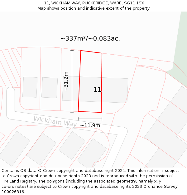 11, WICKHAM WAY, PUCKERIDGE, WARE, SG11 1SX: Plot and title map