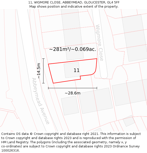 11, WIGMORE CLOSE, ABBEYMEAD, GLOUCESTER, GL4 5FF: Plot and title map