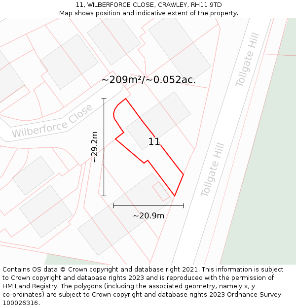 11, WILBERFORCE CLOSE, CRAWLEY, RH11 9TD: Plot and title map