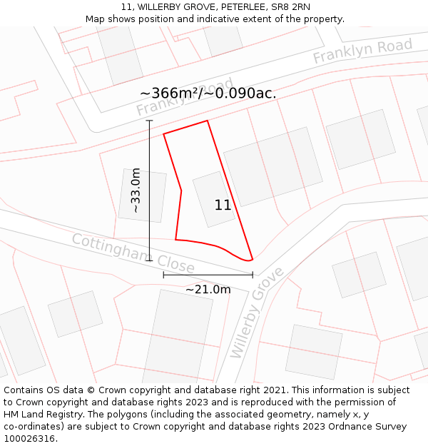 11, WILLERBY GROVE, PETERLEE, SR8 2RN: Plot and title map