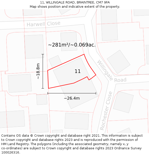 11, WILLINGALE ROAD, BRAINTREE, CM7 9FA: Plot and title map