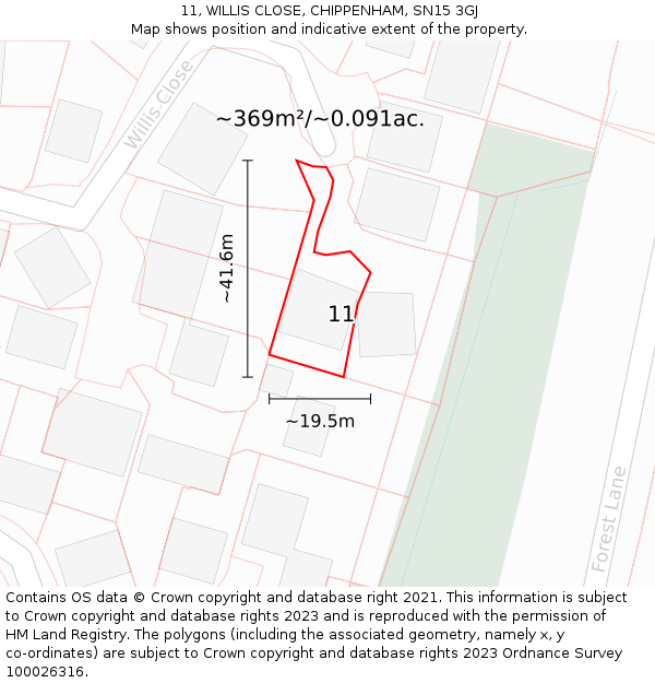 11, WILLIS CLOSE, CHIPPENHAM, SN15 3GJ: Plot and title map