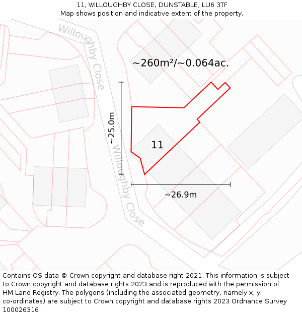 11, WILLOUGHBY CLOSE, DUNSTABLE, LU6 3TF: Plot and title map