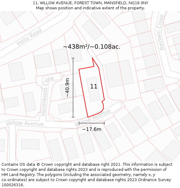 11, WILLOW AVENUE, FOREST TOWN, MANSFIELD, NG19 0NY: Plot and title map