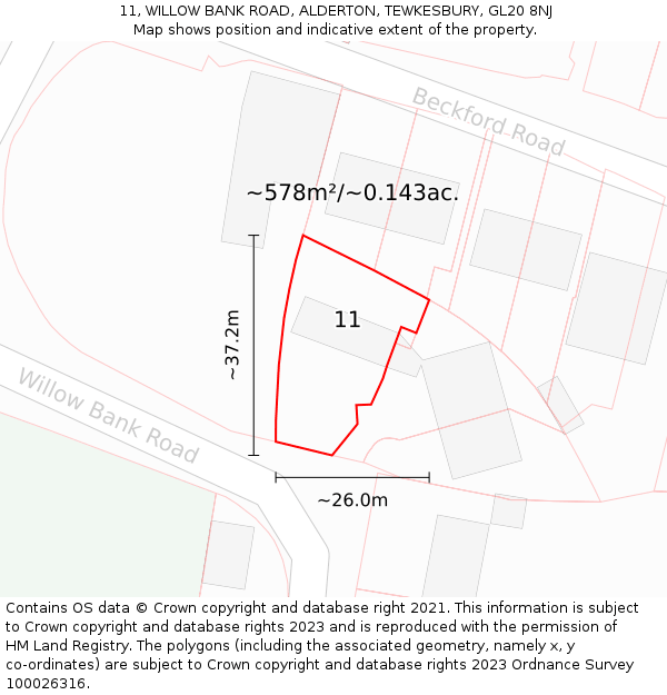 11, WILLOW BANK ROAD, ALDERTON, TEWKESBURY, GL20 8NJ: Plot and title map