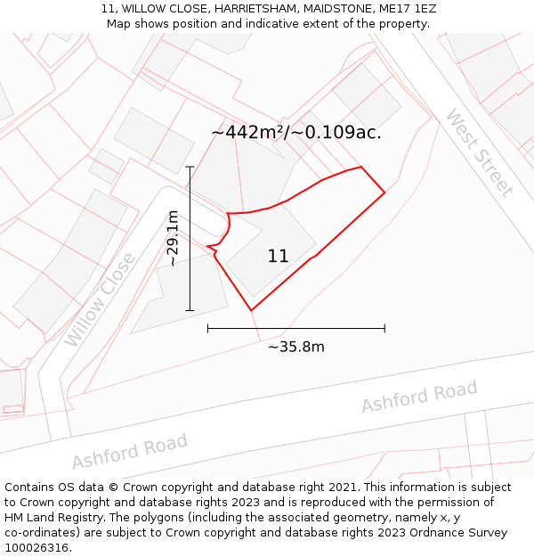 11, WILLOW CLOSE, HARRIETSHAM, MAIDSTONE, ME17 1EZ: Plot and title map